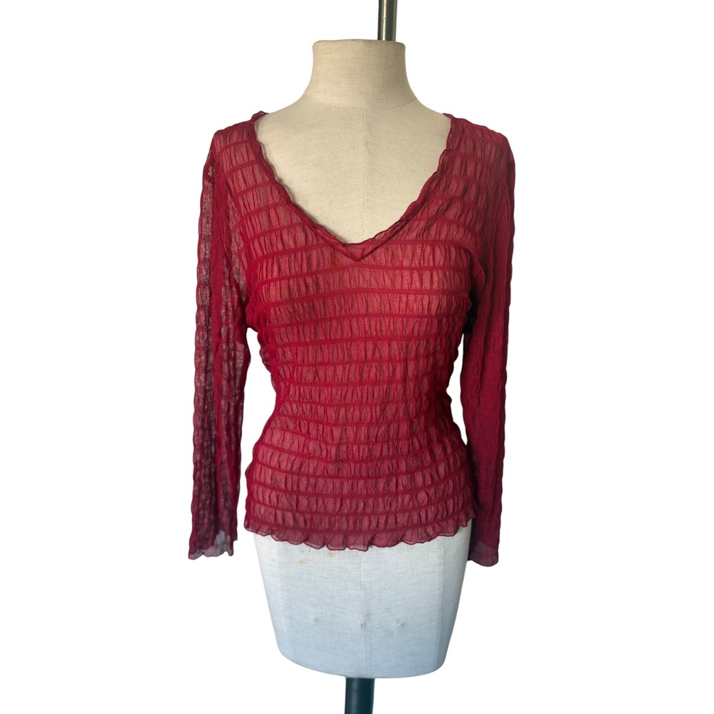 Vintage Y2K Burgundy Sheer Mesh Top L Guess Whimsygoth Casual Fairy Grunge